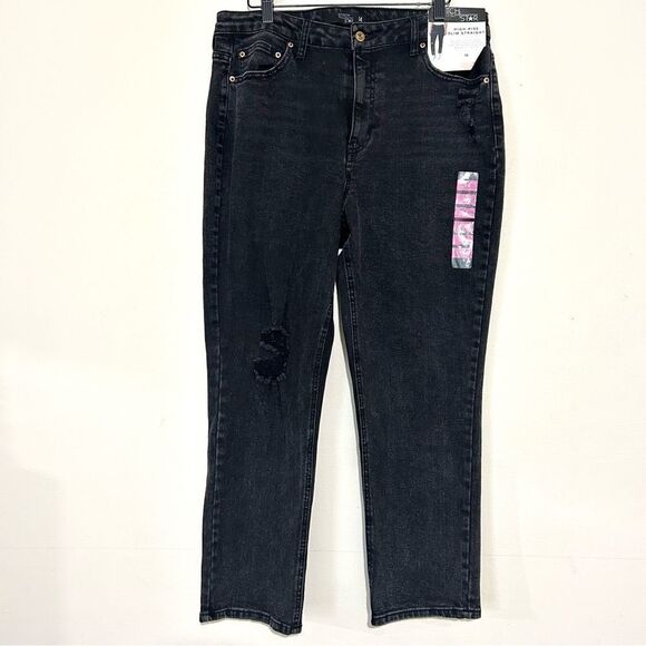 Stitch Star High Rise Slim Straight Black Distressed Denim Jeans NEW SIZE 14 - Picture 1 of 5